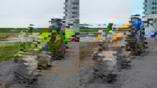 A tracked skid-steer loader lifts rocks on pallets, guided by two workers.