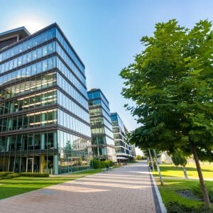 An exterior view of an office park